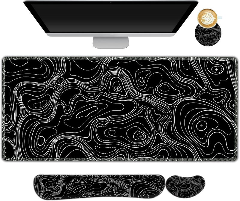 AIMSA Keyboard Mouse Pad Set, Large Gaming Mouse Pad +Wrist Rest Mouse Pad +Keyboard Wrist Support +Coaster, 35x15.7 inch Extended Desk Mat for Easy Typing Pain Relief (Black Topographic) - Image 1